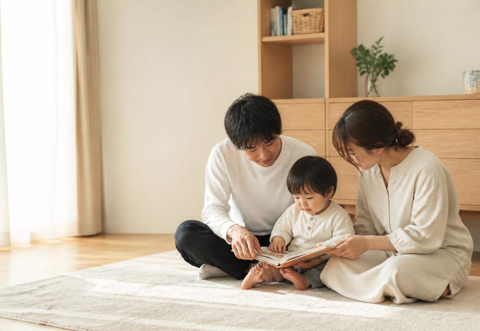 明るいリビングで絵本を読む親子