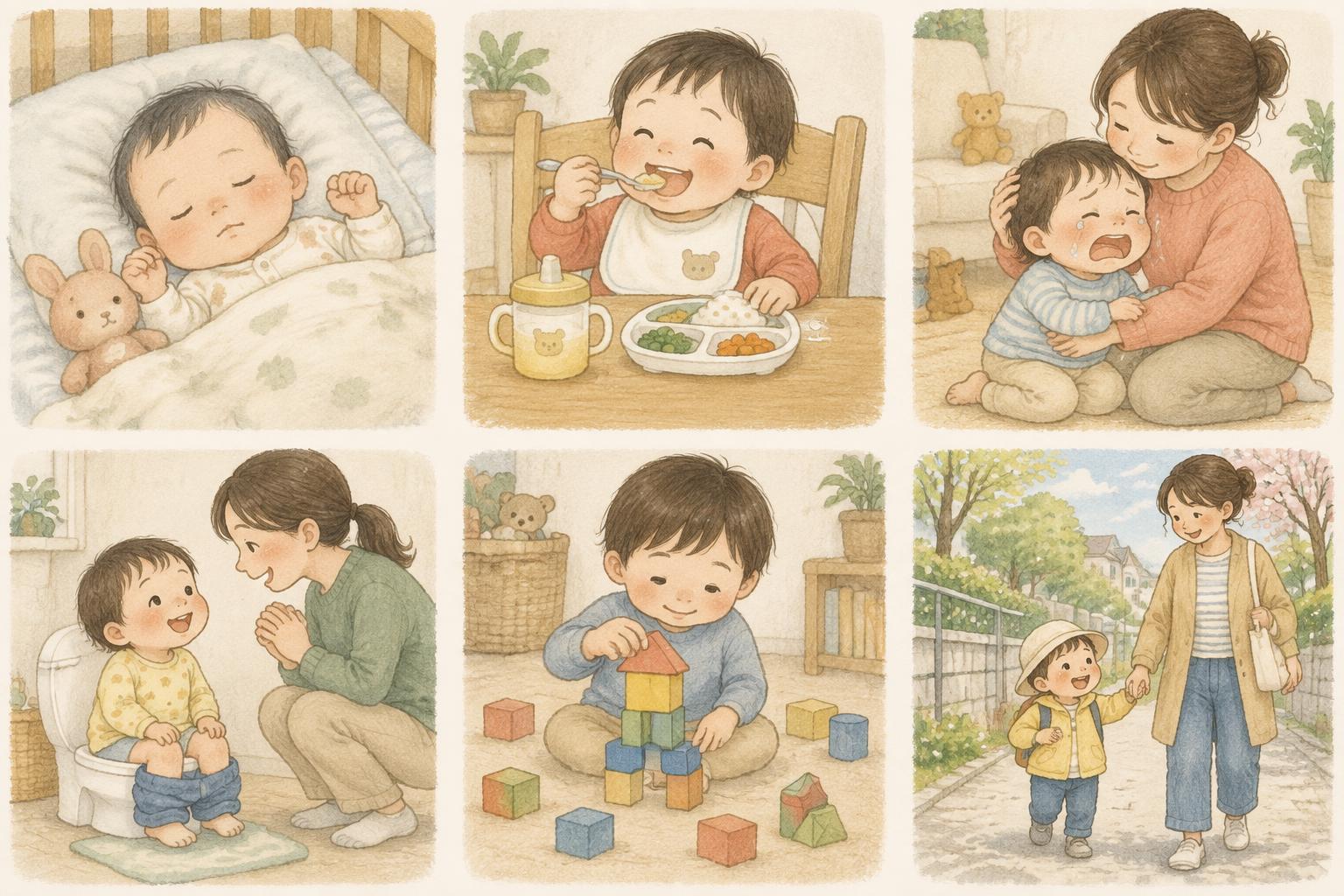 寝かしつけ、みんなどうしてる？の親子イラスト